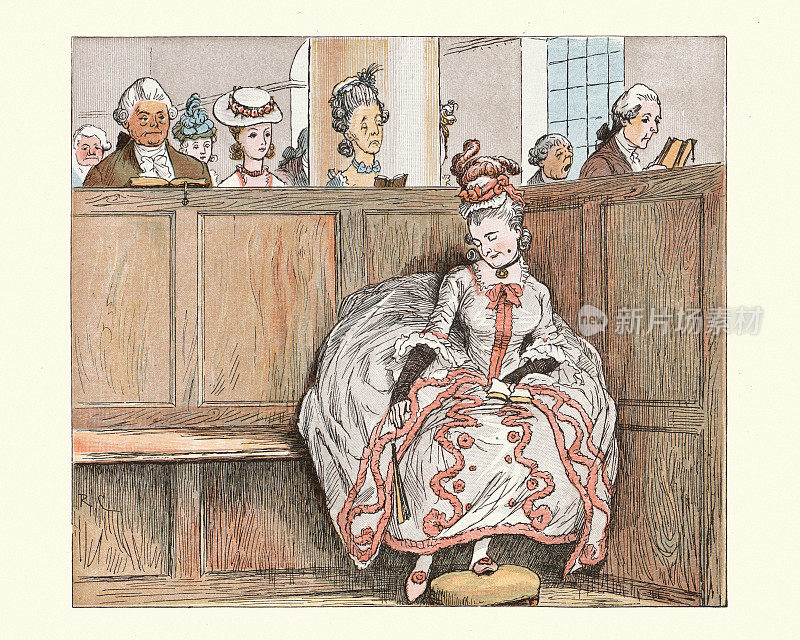 在教堂仪式上睡觉的女人，18世纪风格的时尚，Randolph Caldecott插图